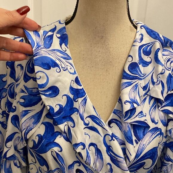 Fetiche Suances Blue and White Floral wrap mini Dress, L - Picture 10 of 16